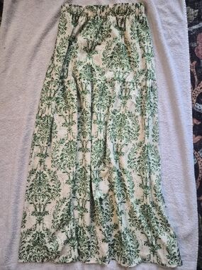 Boho Damask Green Floral Maxi Skirt Size S | Flowy Tiered Summer Skirt